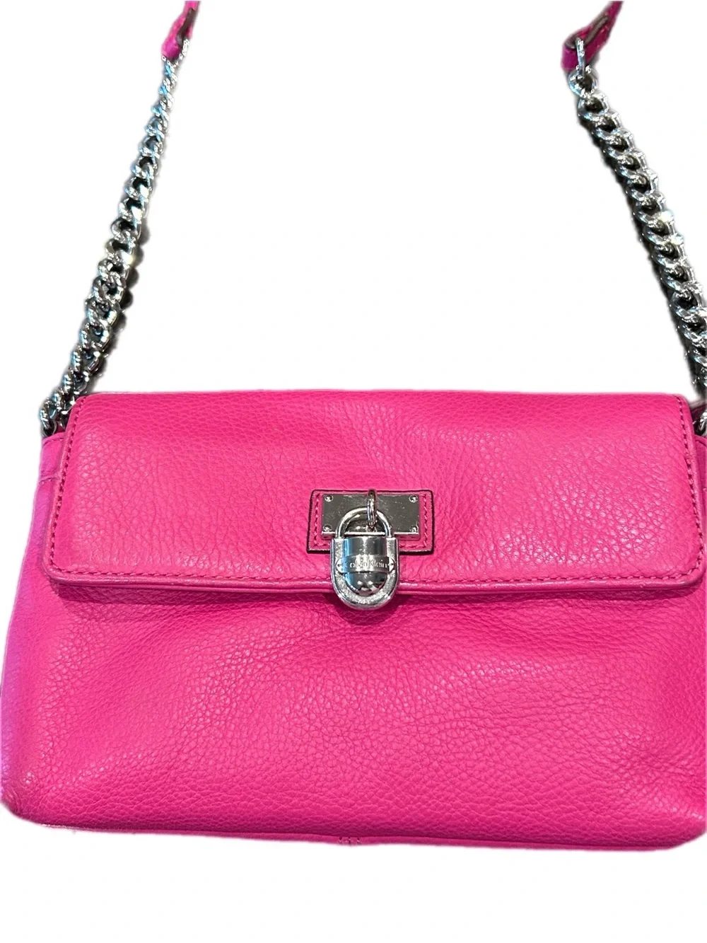 Calvin Klein Hot Pink Leather Crossbody with Silver Chain